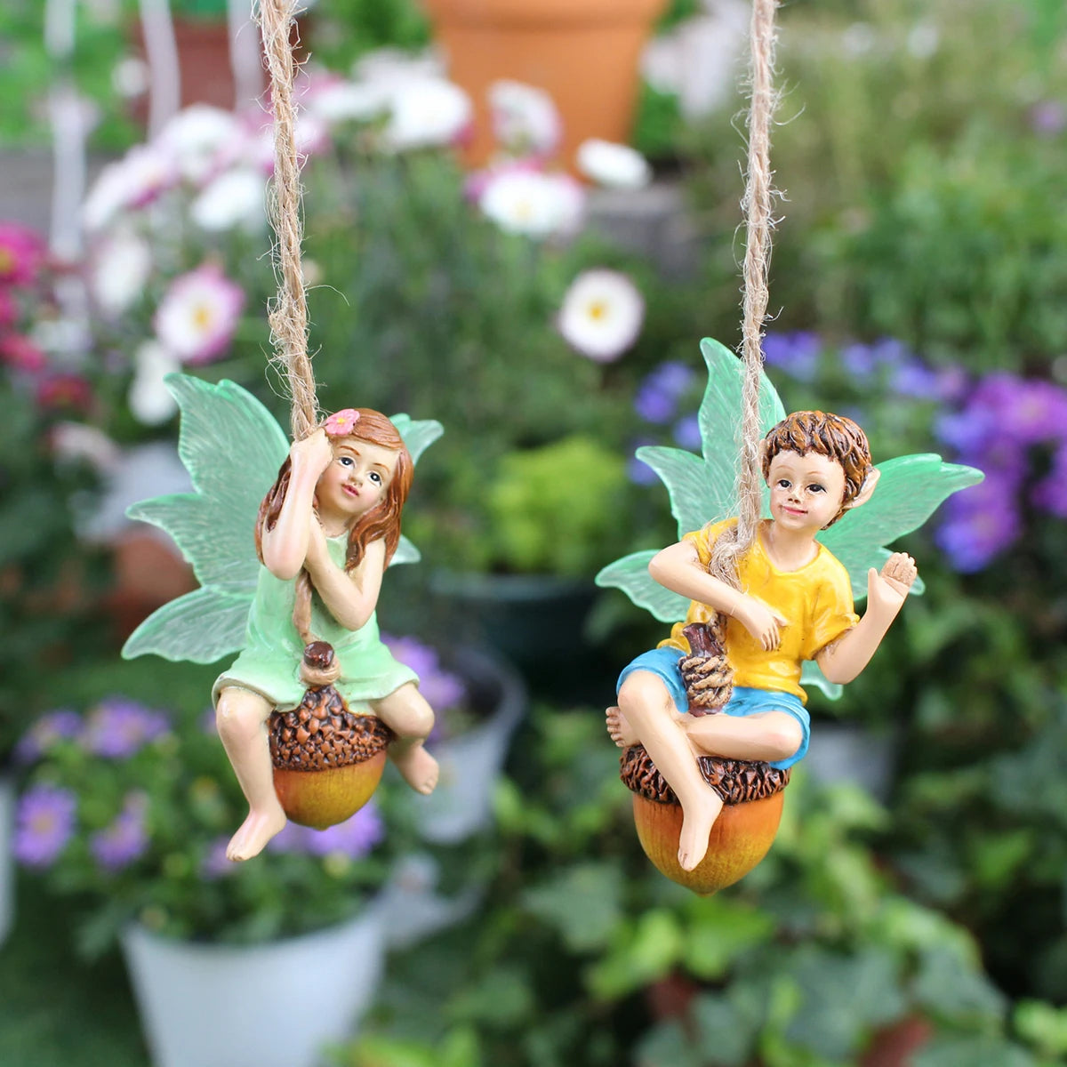 2pcs Swinging Fairy Figurine Glow in the Dark Wing Resin Couple Garden Ornament