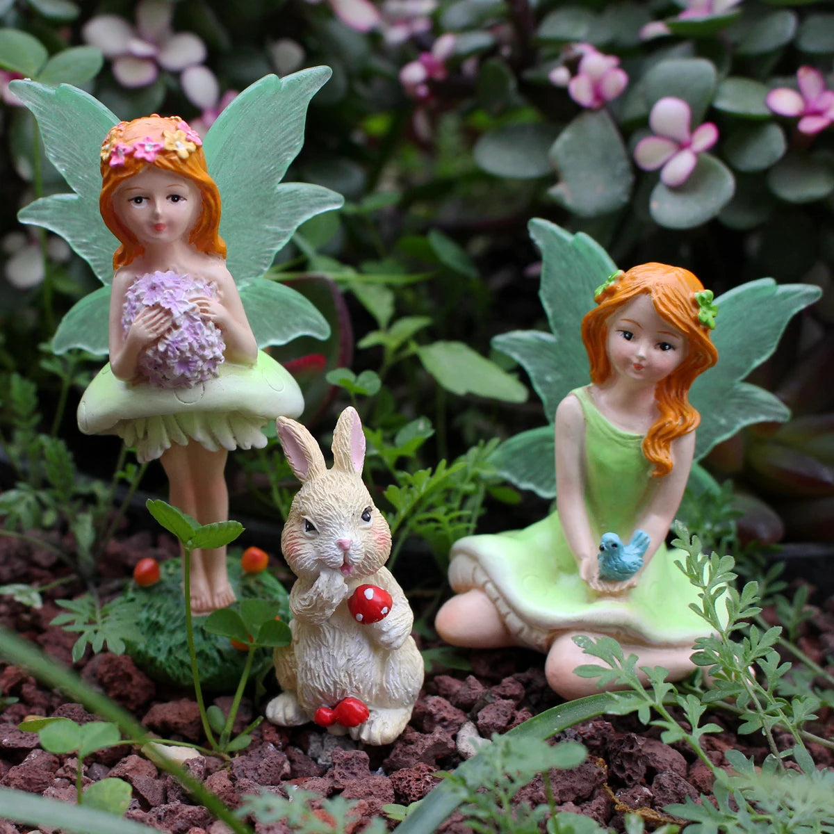 3pcs Mushroom Flower Fairy Figurine Set Resin Garden Statue for Mini Landscape DIY