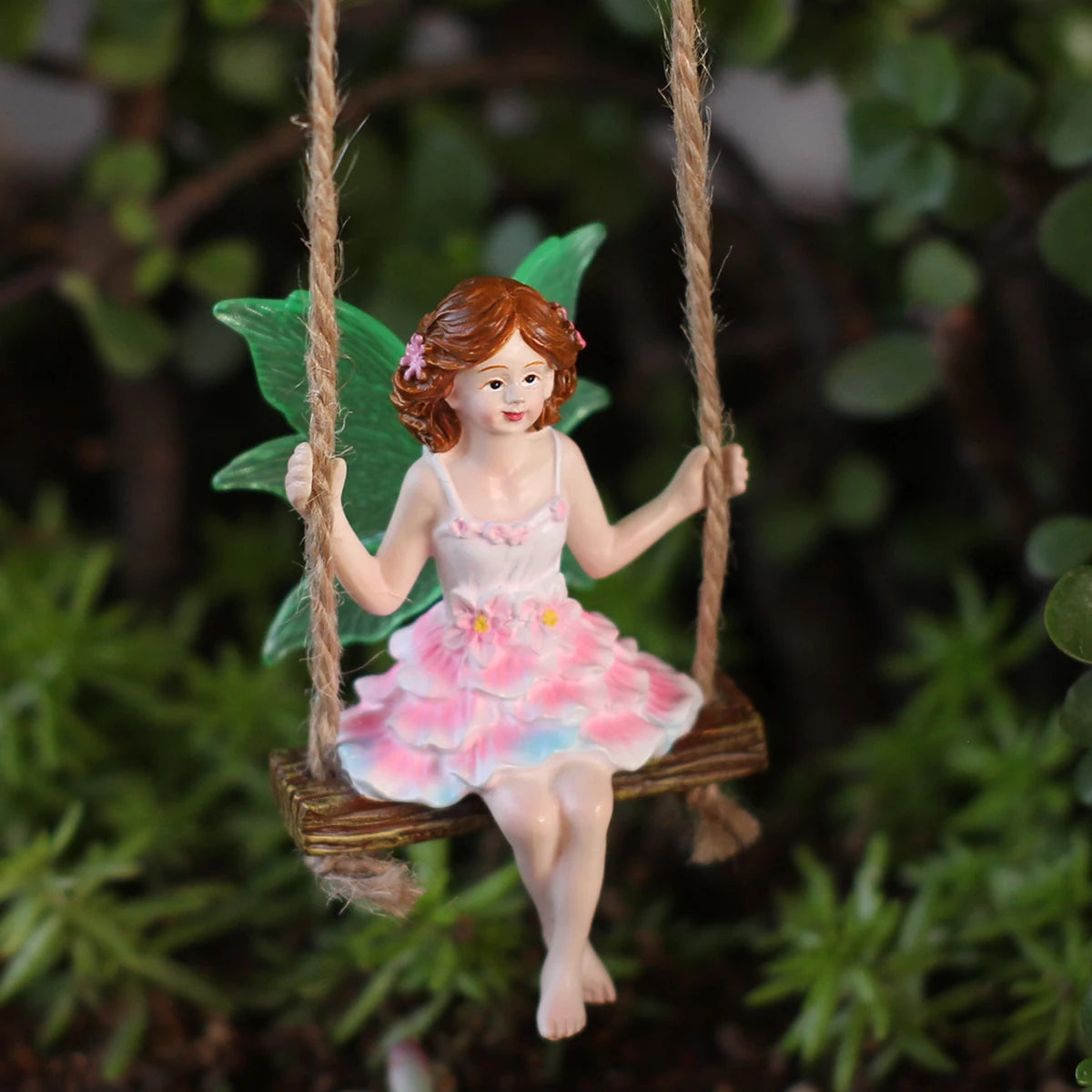 Pink Dress Swinging Fairy Statue Glow in the Dark Wings Hanging Garden Ornament