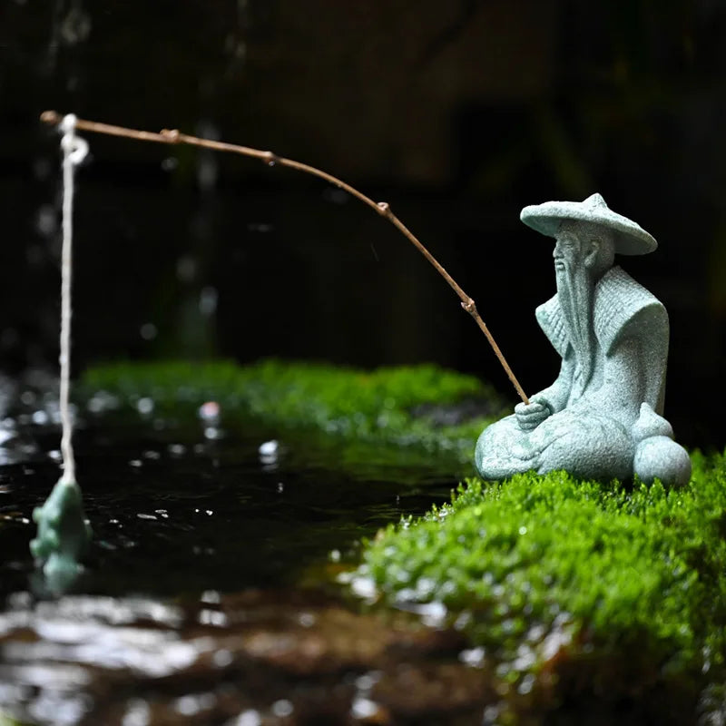 Zen Fisherman Statue Sitting Old Man Fishing Figurine Fish Tank Bonsai Garden Decor