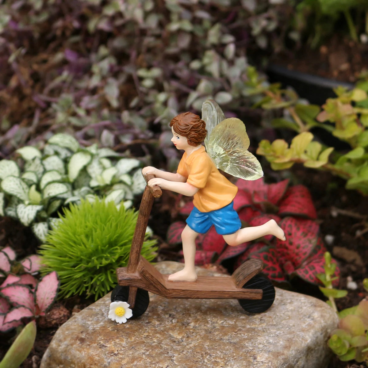 Flower Fairy Riding Skateboard Statue Resin Figurine for Fairy Garden Pot Decor
