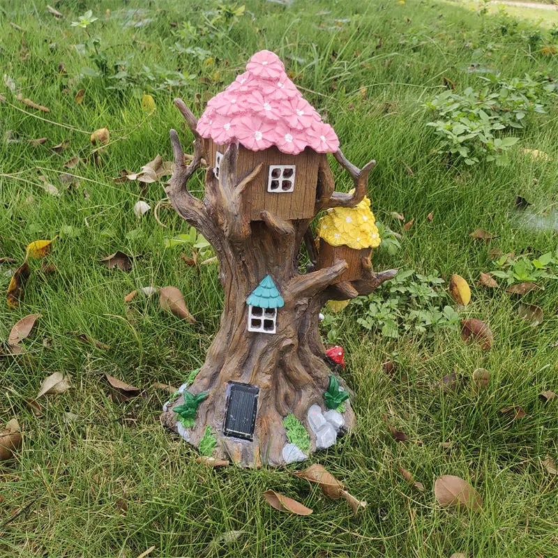 Solar Tree House Garden Statue Light Up Miniature Landscape Outdoor Decor Ornament