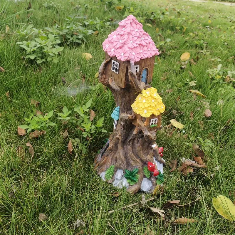 Solar Tree House Garden Statue Light Up Miniature Landscape Outdoor Decor Ornament