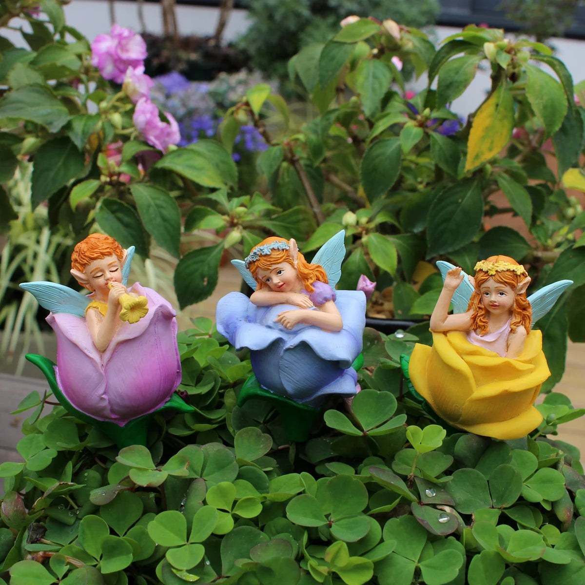 3pcs Flower Fairy Garden Stakes Resin Figurine Pot Hugger Plant Pick Decor Set