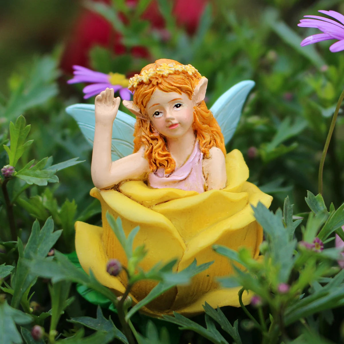 3pcs Flower Fairy Garden Stakes Resin Figurine Pot Hugger Plant Pick Decor Set