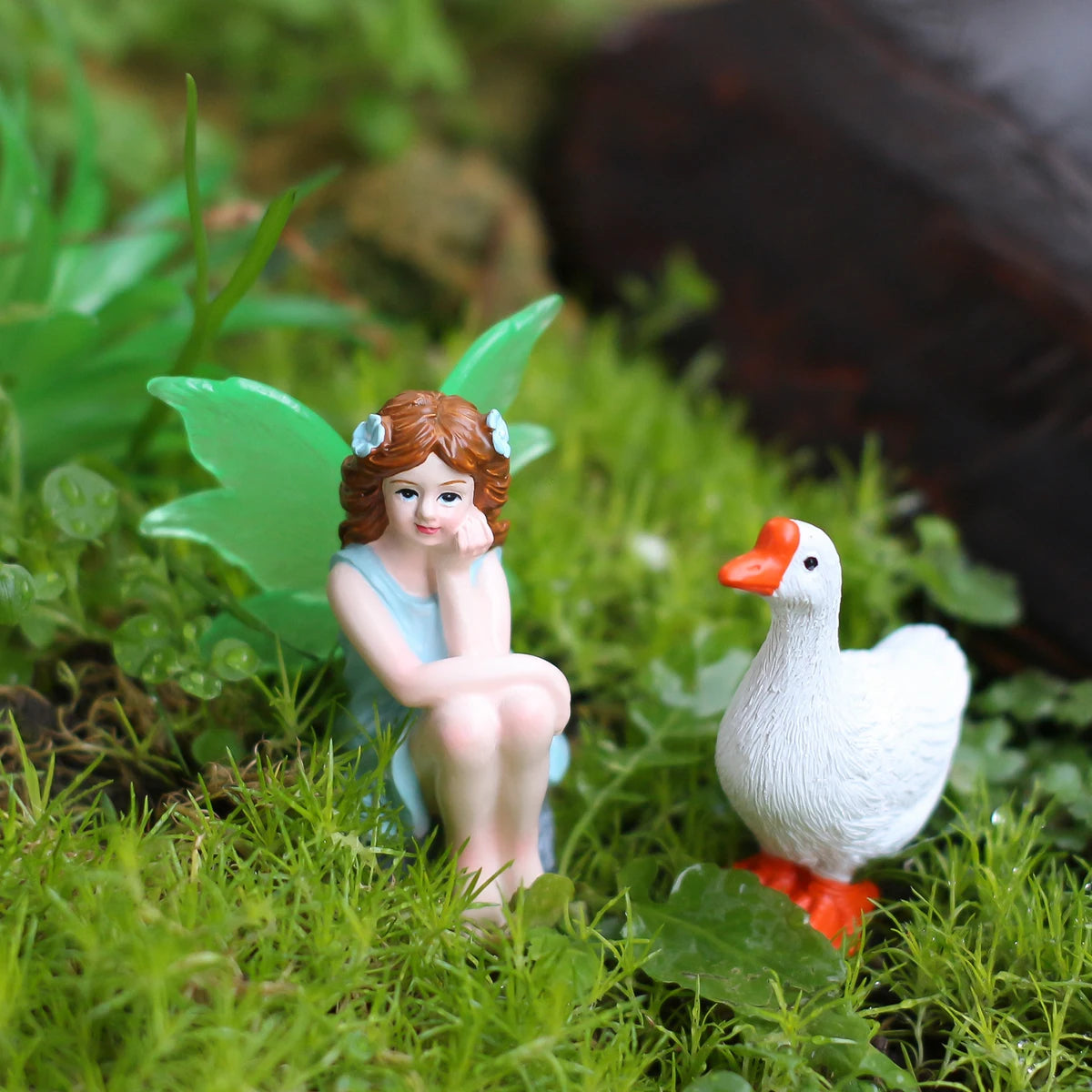 2pcs Seated Flower Fairy with Geese Statue Resin Miniature for Fairy Garden Decor