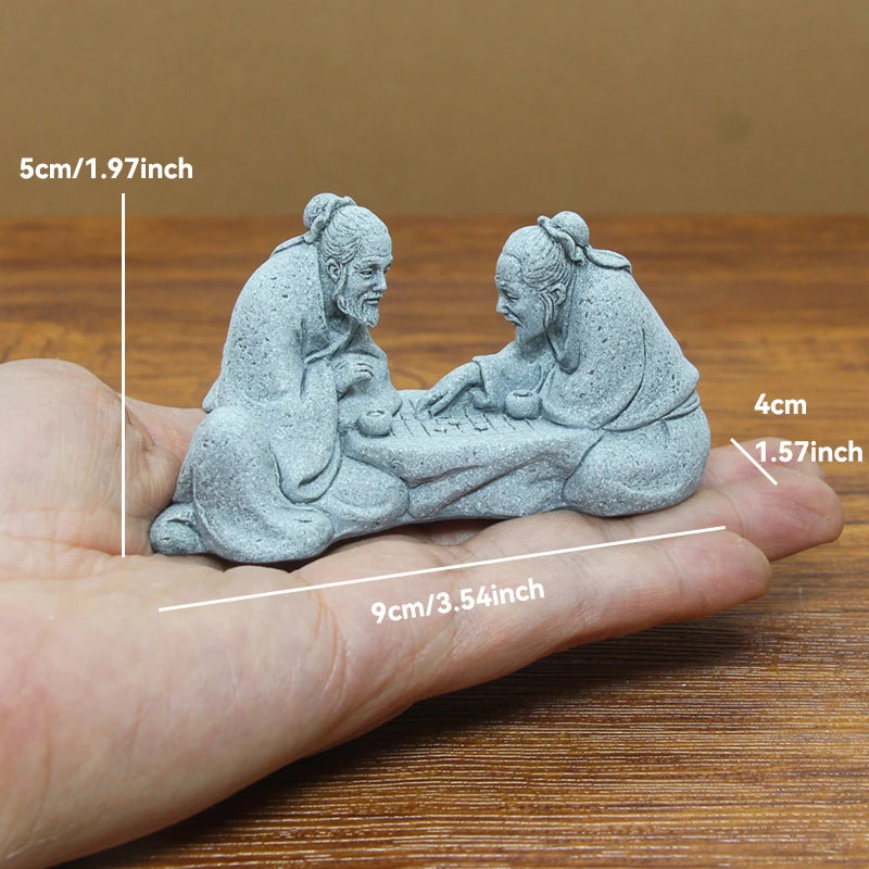 Zen Fisherman & Elder Playing Chess Statue Sandstone Bonsai Fish Tank Ornament