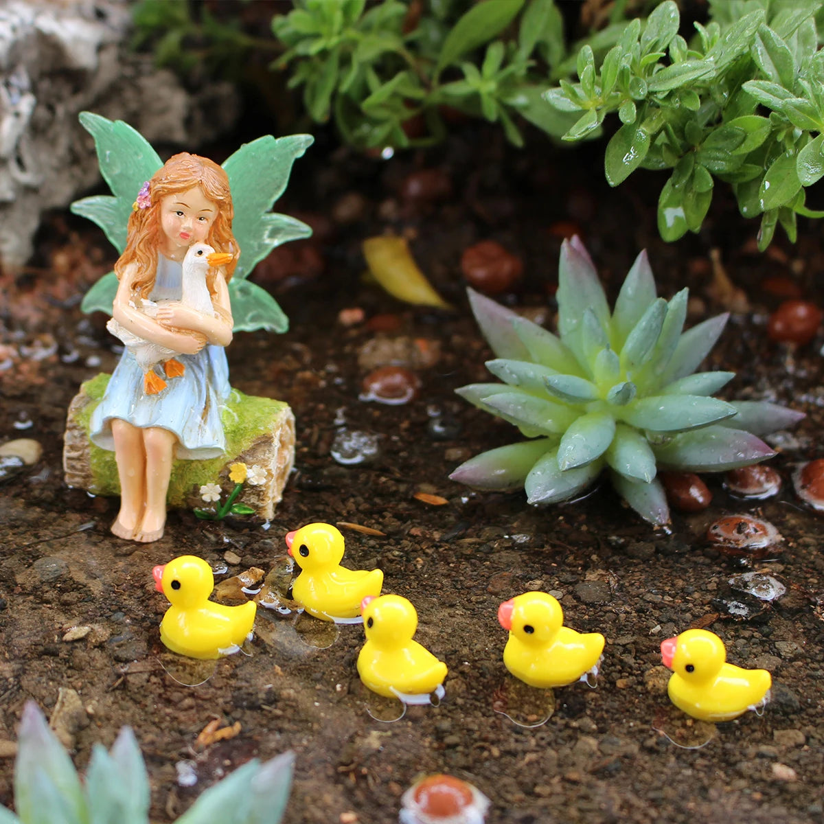 Miniature Flower Fairy Holding Duck Statue Resin Figurine for Fairy Garden Decor