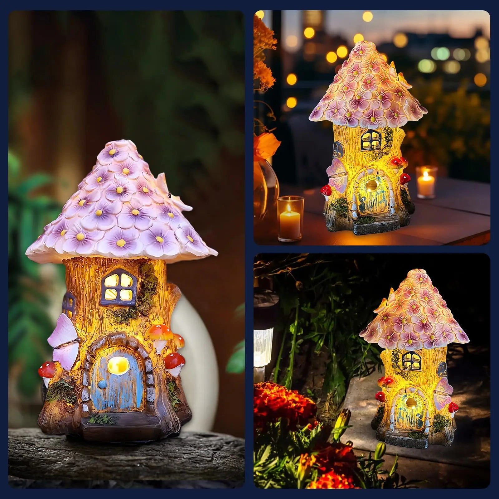 Solar Fairy Garden House Statue Light Up Mushroom Figurine Outdoor Lawn Decor
