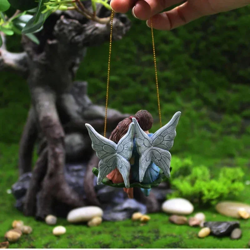 Romantic Couple Fairy on Swing Statue Resin Hanging Ornament Valentine's Day Gift