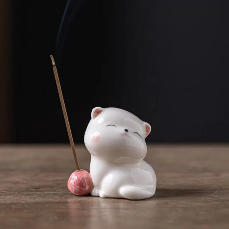 Cute Cat Porcelain Incense Stick Holder Creative Ceramic Ash Catcher Home Decor