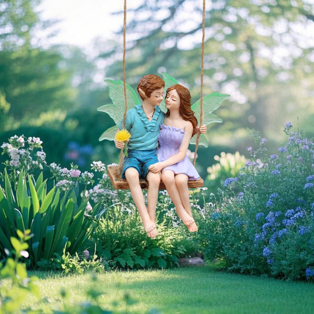 Glow in the Dark Wings Swinging Fairy Resin Hanging Statue Garden Tree Decor Gift