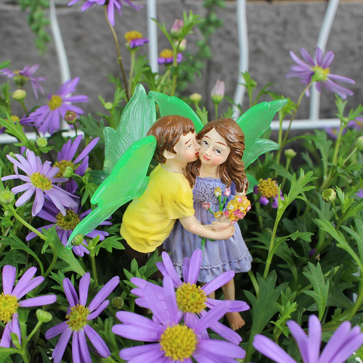 Kissing Flower Fairy Stakes Resin Miniature Figurine for Garden Pot Yard Decor