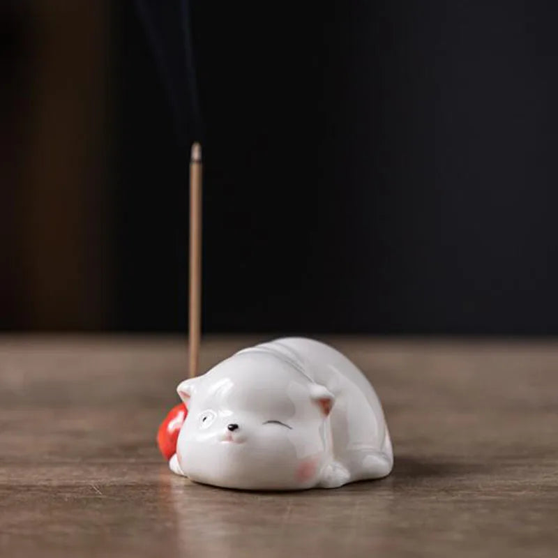 Cute Cat Porcelain Incense Stick Holder Creative Ceramic Ash Catcher Home Decor