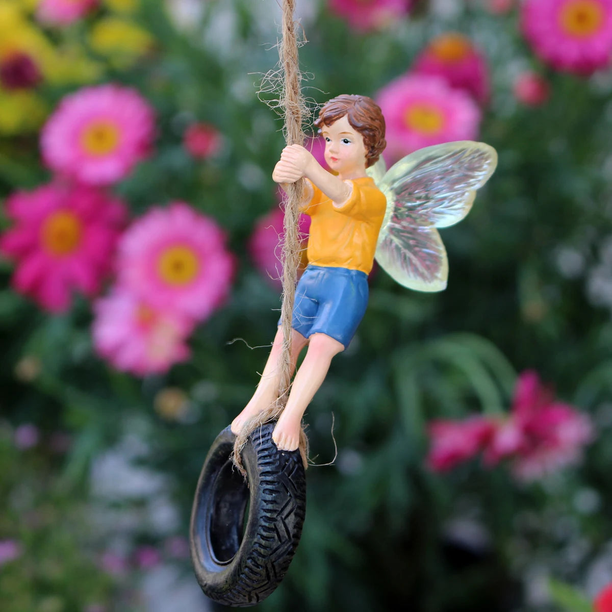 Tire Swing Flower Fairy Hanging Statue Resin Miniature for Garden Tree Pot Decor