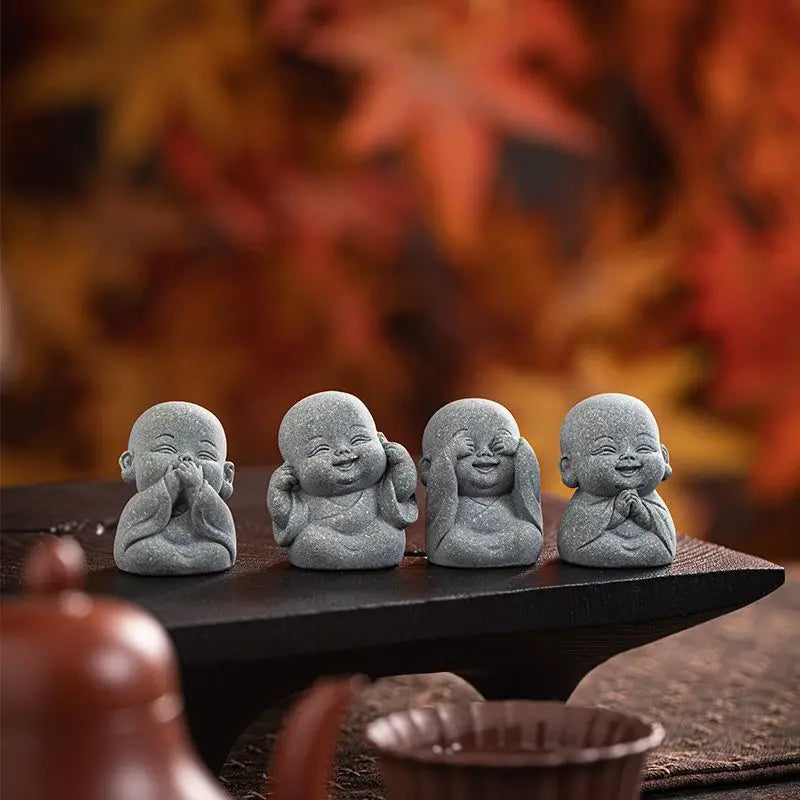 4pcs Little Monk Statue Set Stone Finish Resin Buddha Figurine Zen Garden Decor