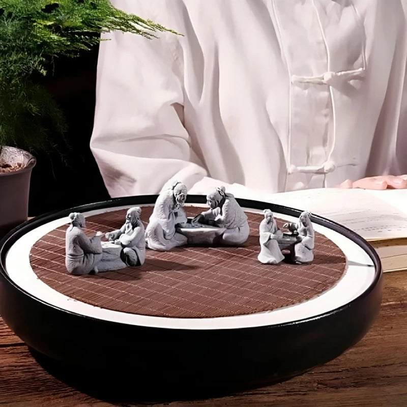 Zen Fisherman & Elder Playing Chess Statue Sandstone Bonsai Fish Tank Ornament