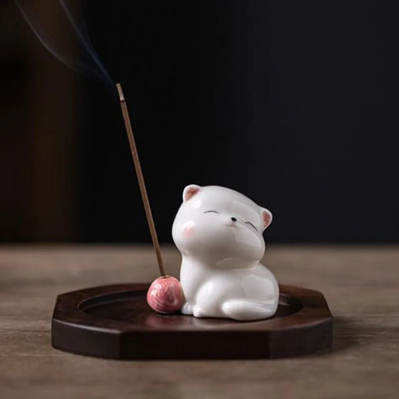 Cute Cat Porcelain Incense Stick Holder Creative Ceramic Ash Catcher Home Decor
