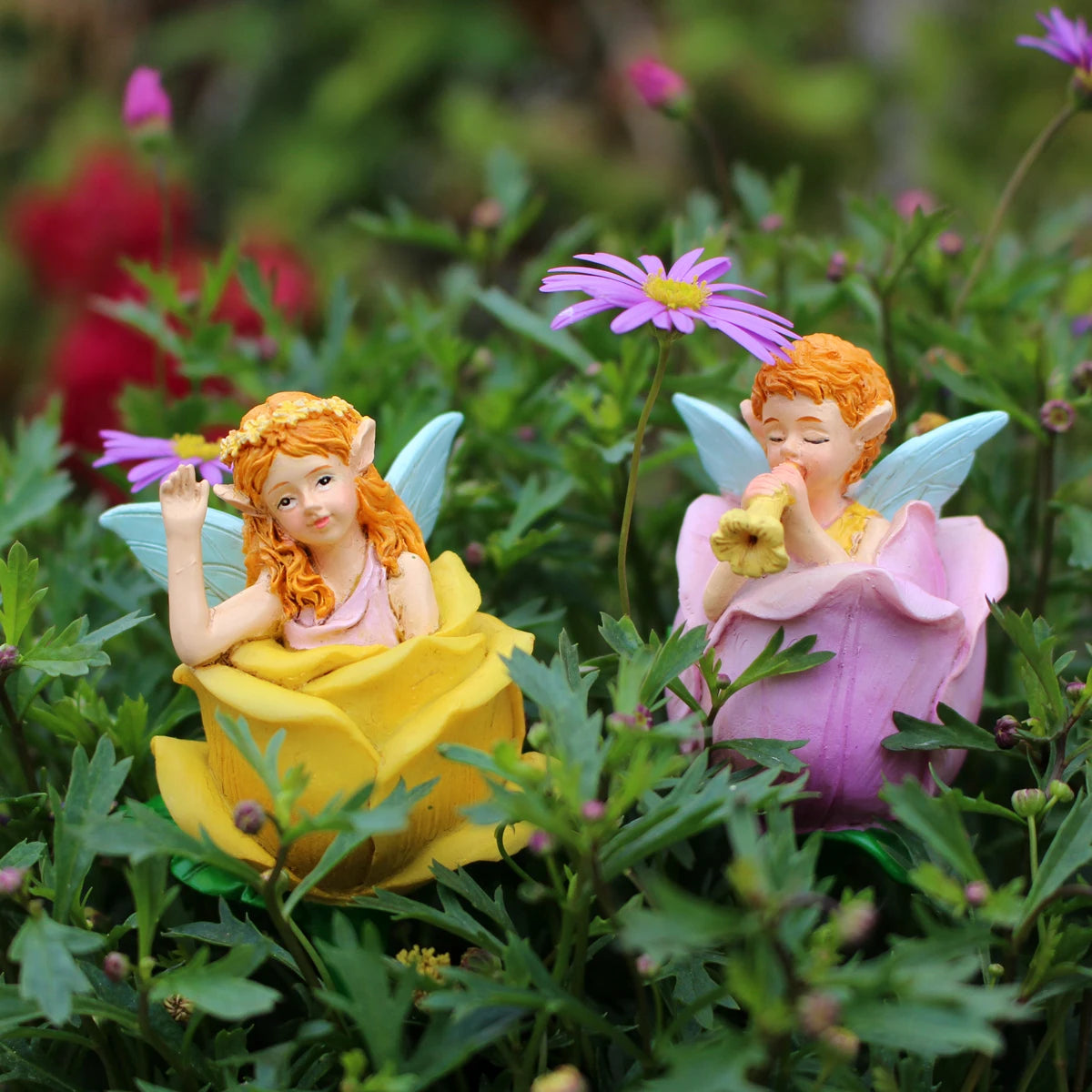 3pcs Flower Fairy Garden Stakes Resin Figurine Pot Hugger Plant Pick Decor Set
