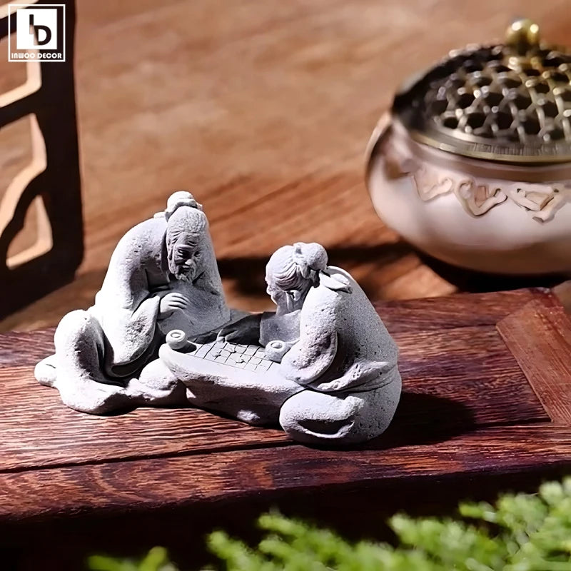 Zen Fisherman & Elder Playing Chess Statue Sandstone Bonsai Fish Tank Ornament