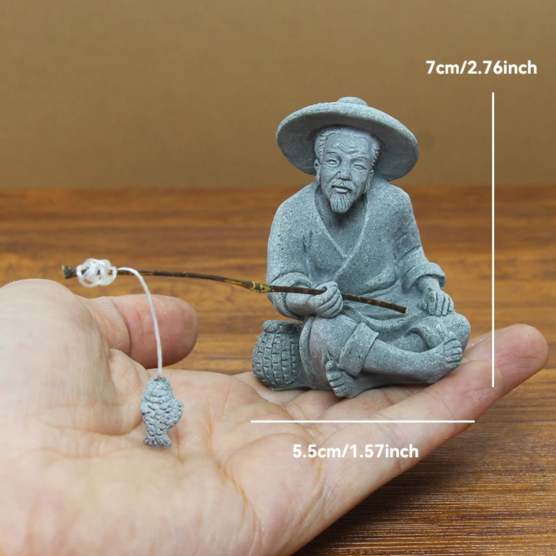 Zen Fisherman & Elder Playing Chess Statue Sandstone Bonsai Fish Tank Ornament