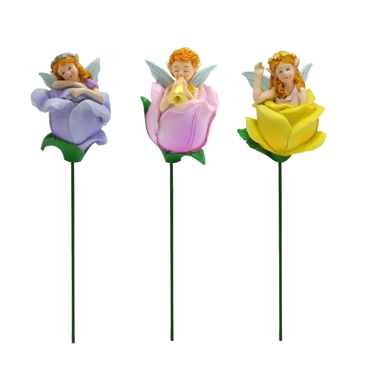 3pcs Flower Fairy Garden Stakes Resin Figurine Pot Hugger Plant Pick Decor Set