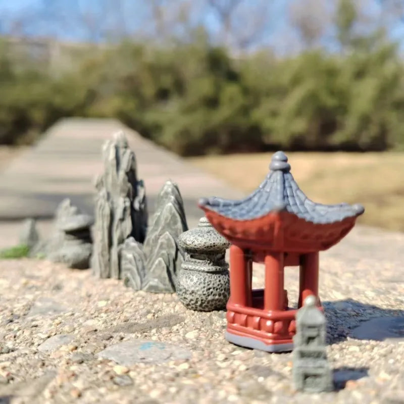 8pcs Miniature Chinese Courtyard Bridge Set Resin Zen Garden Decor Bonsai Ornament