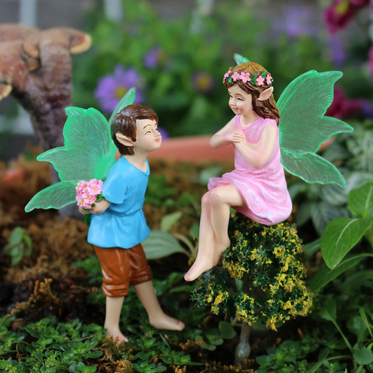 2pcs Glowing Fairy Couple Figurine Glow in the Dark Wing Garden Stake Ornament