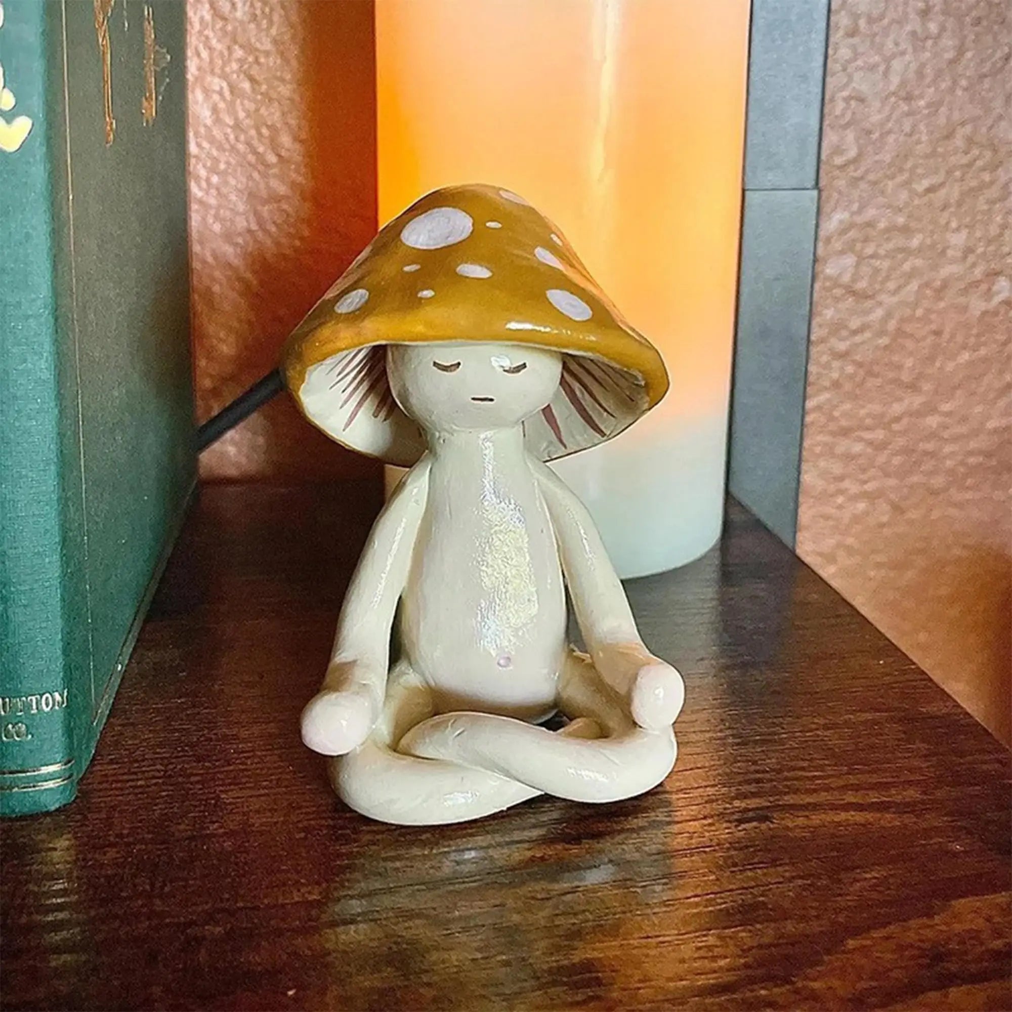 Zen Mushroom Statue Meditating Yoga Fungi Resin Figurine Garden Office Desk Decor