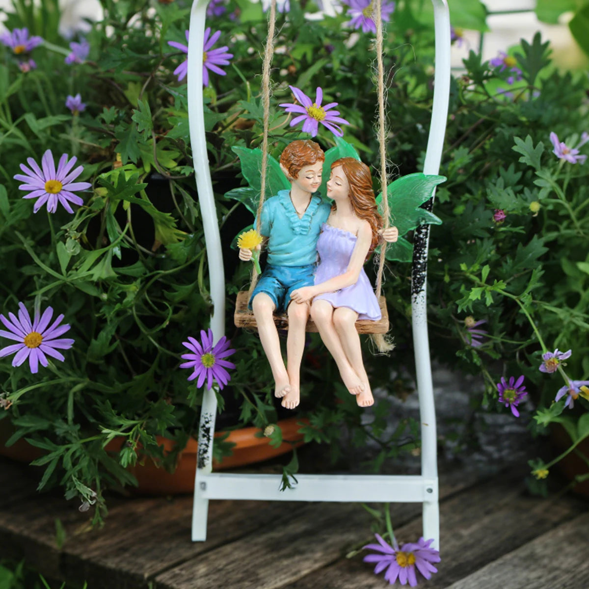 Glow in the Dark Wings Swinging Fairy Resin Hanging Statue Garden Tree Decor Gift