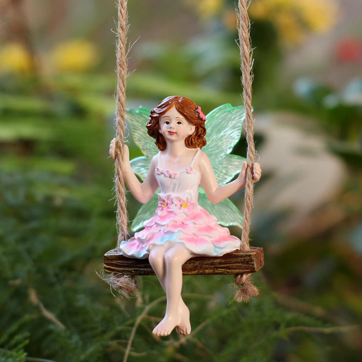 Pink Dress Swinging Fairy Statue Glow in the Dark Wings Hanging Garden Ornament