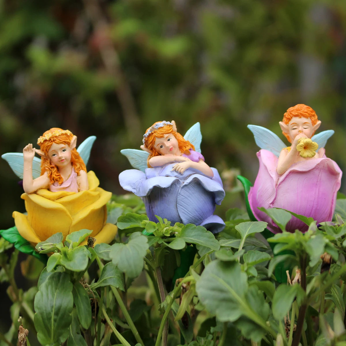3pcs Flower Fairy Garden Stakes Resin Figurine Pot Hugger Plant Pick Decor Set