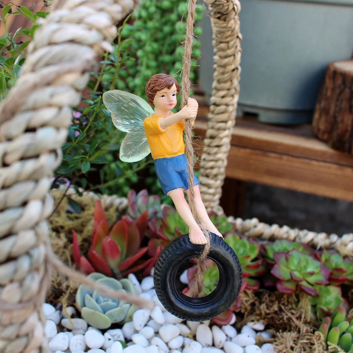 Tire Swing Flower Fairy Hanging Statue Resin Miniature for Garden Tree Pot Decor