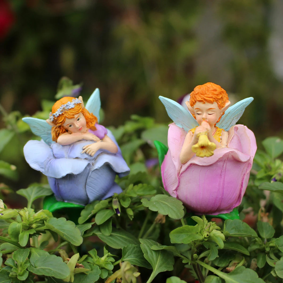 3pcs Flower Fairy Garden Stakes Resin Figurine Pot Hugger Plant Pick Decor Set