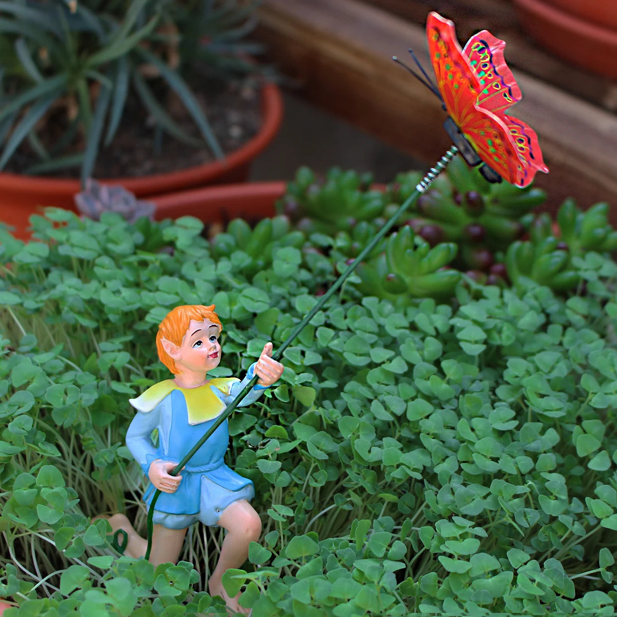 Little Boy Flying Kite Garden Statue Resin Figurine for Bonsai Fairy Garden Decor