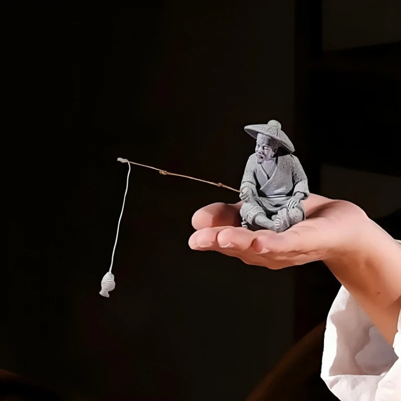 Zen Fisherman & Elder Playing Chess Statue Sandstone Bonsai Fish Tank Ornament