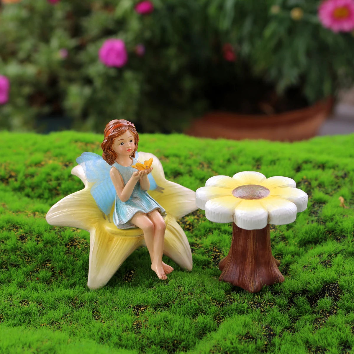 Cute Flower Fairy Statue Set Resin Outdoor Garden Ornament for Bonsai Landscape