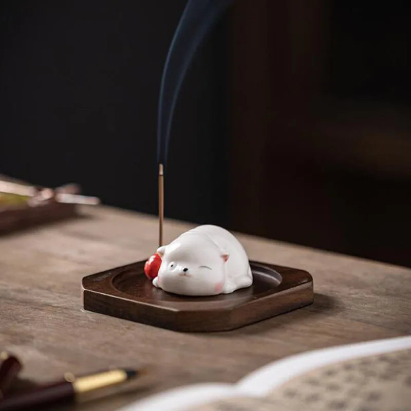 Cute Cat Porcelain Incense Stick Holder Creative Ceramic Ash Catcher Home Decor