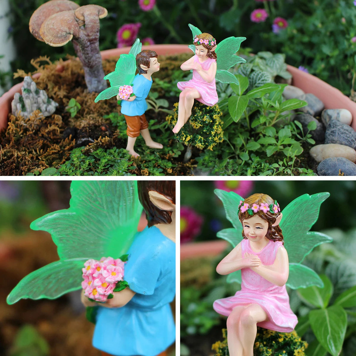 2pcs Glowing Fairy Couple Figurine Glow in the Dark Wing Garden Stake Ornament