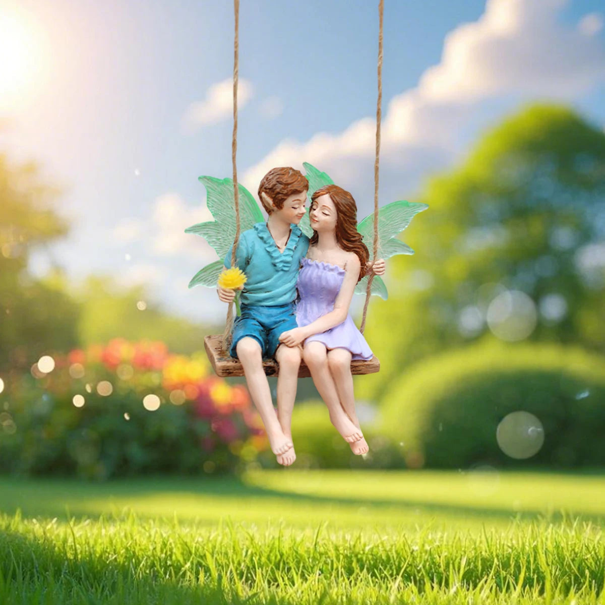 Glow in the Dark Wings Swinging Fairy Resin Hanging Statue Garden Tree Decor Gift