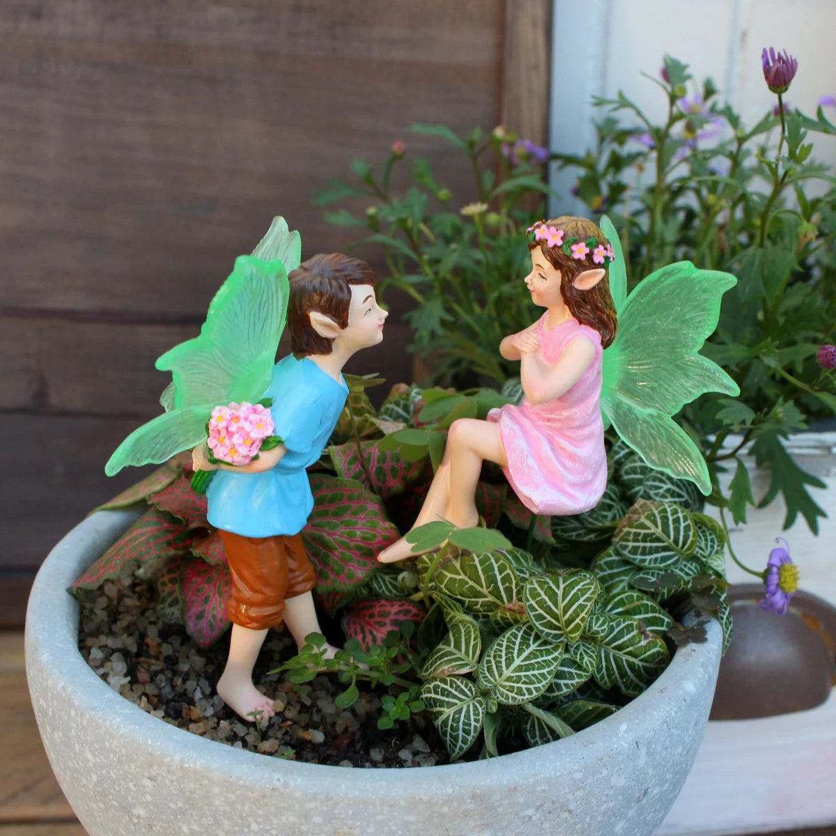2pcs Glowing Fairy Couple Figurine Glow in the Dark Wing Garden Stake Ornament
