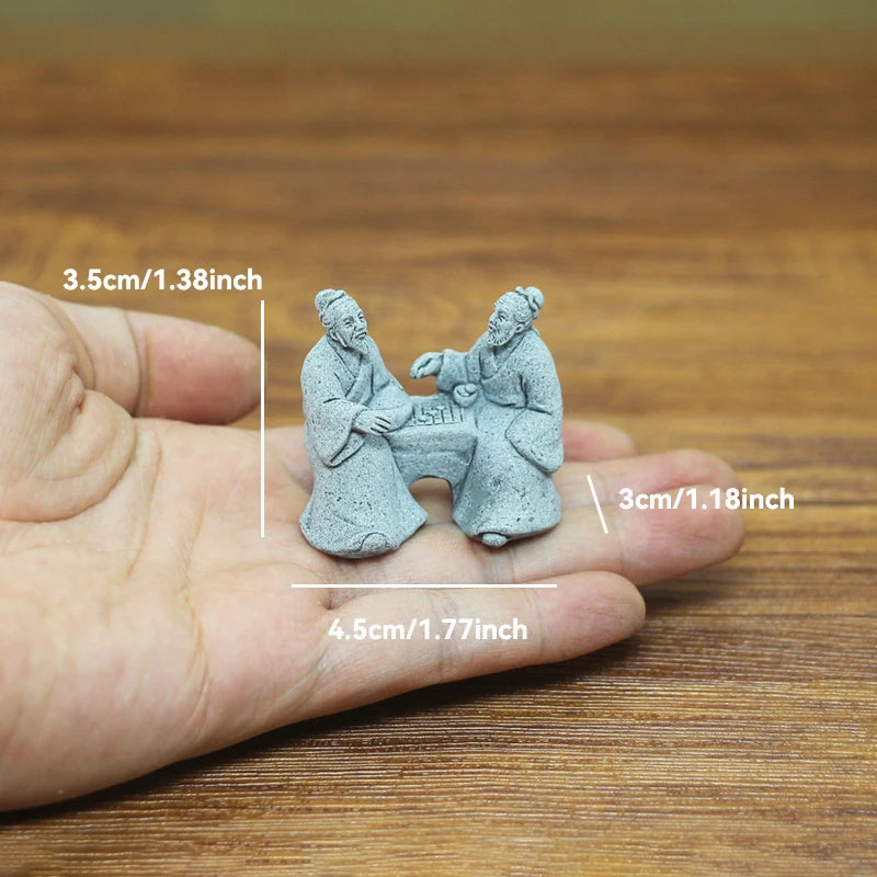 Zen Fisherman & Elder Playing Chess Statue Sandstone Bonsai Fish Tank Ornament