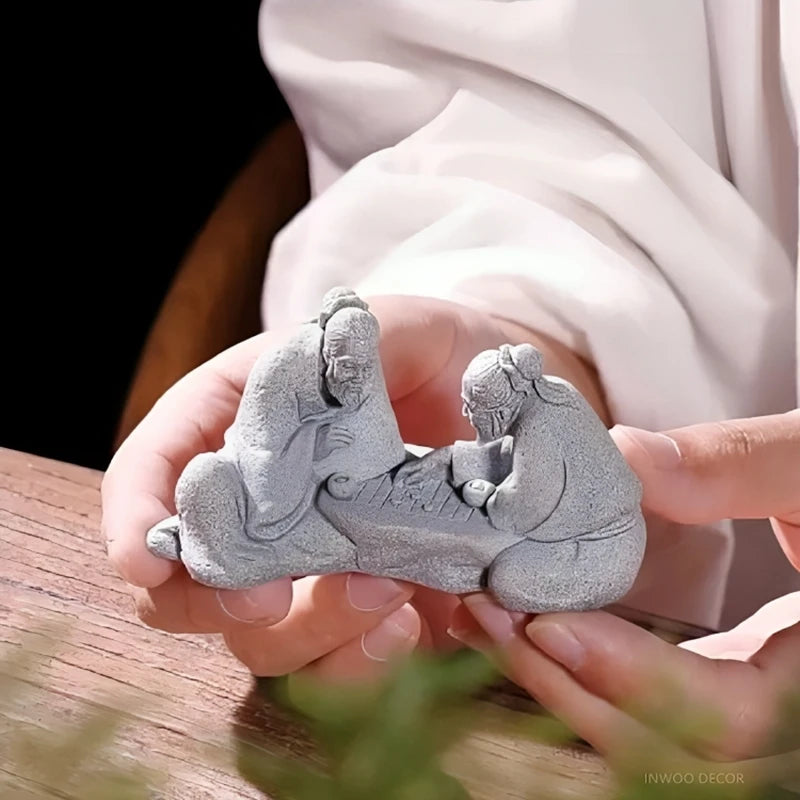 Zen Fisherman & Elder Playing Chess Statue Sandstone Bonsai Fish Tank Ornament