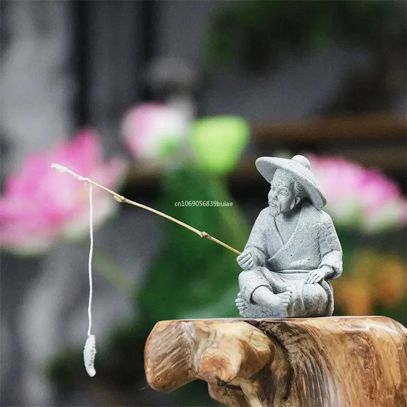 Zen Fisherman Statue Sitting Old Man Fishing Figurine Fish Tank Bonsai Garden Decor
