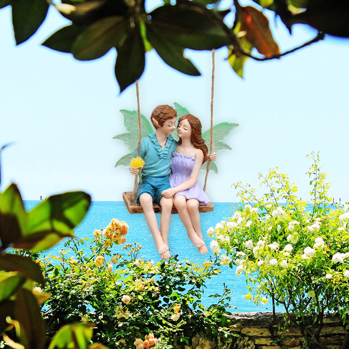 Glow in the Dark Wings Swinging Fairy Resin Hanging Statue Garden Tree Decor Gift