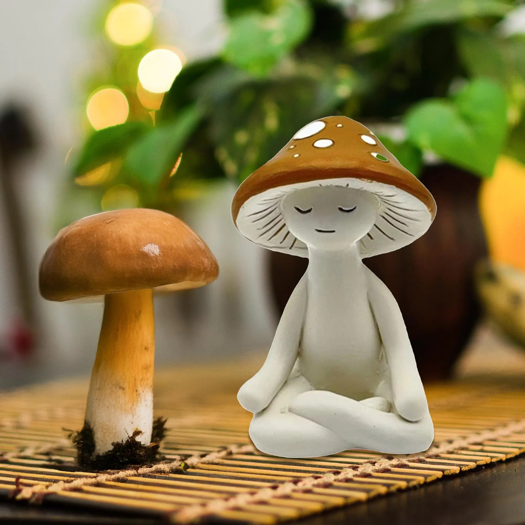 Zen Mushroom Statue Meditating Yoga Fungi Resin Figurine Garden Office Desk Decor