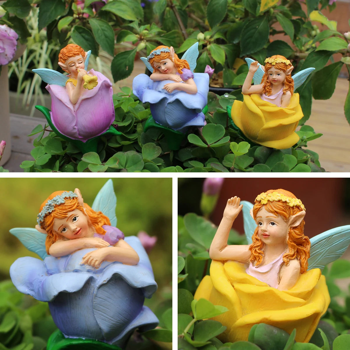 3pcs Flower Fairy Garden Stakes Resin Figurine Pot Hugger Plant Pick Decor Set