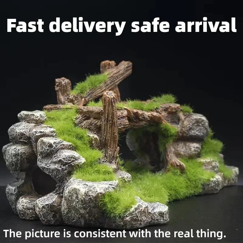 Mossy Aquarium Rockery Decoration Resin Fish Tank Landscape Mountain Hiding Cave