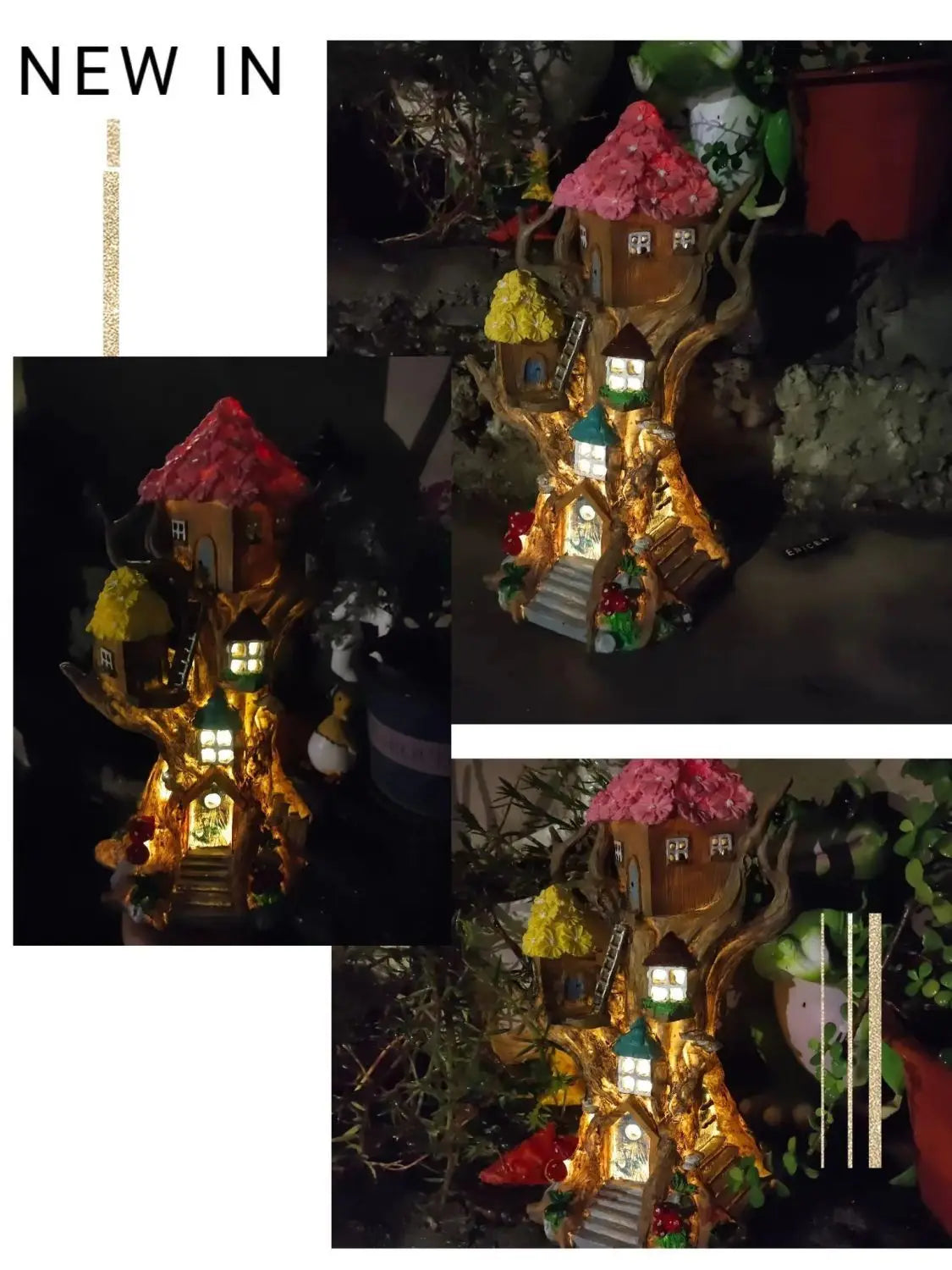 Solar Tree House Garden Statue Light Up Miniature Landscape Outdoor Decor Ornament