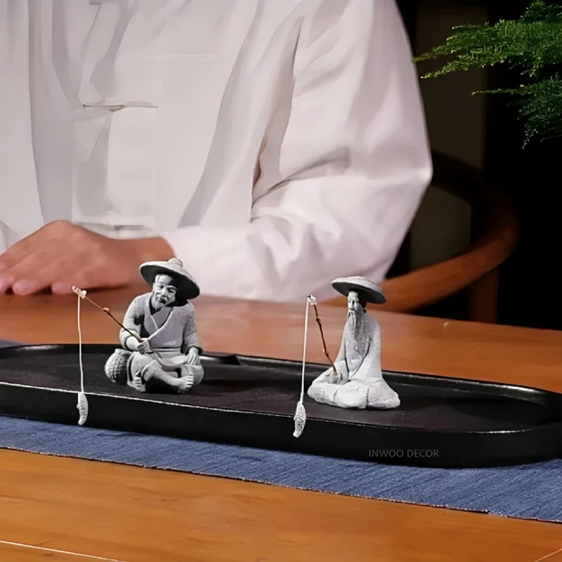 Zen Fisherman & Elder Playing Chess Statue Sandstone Bonsai Fish Tank Ornament